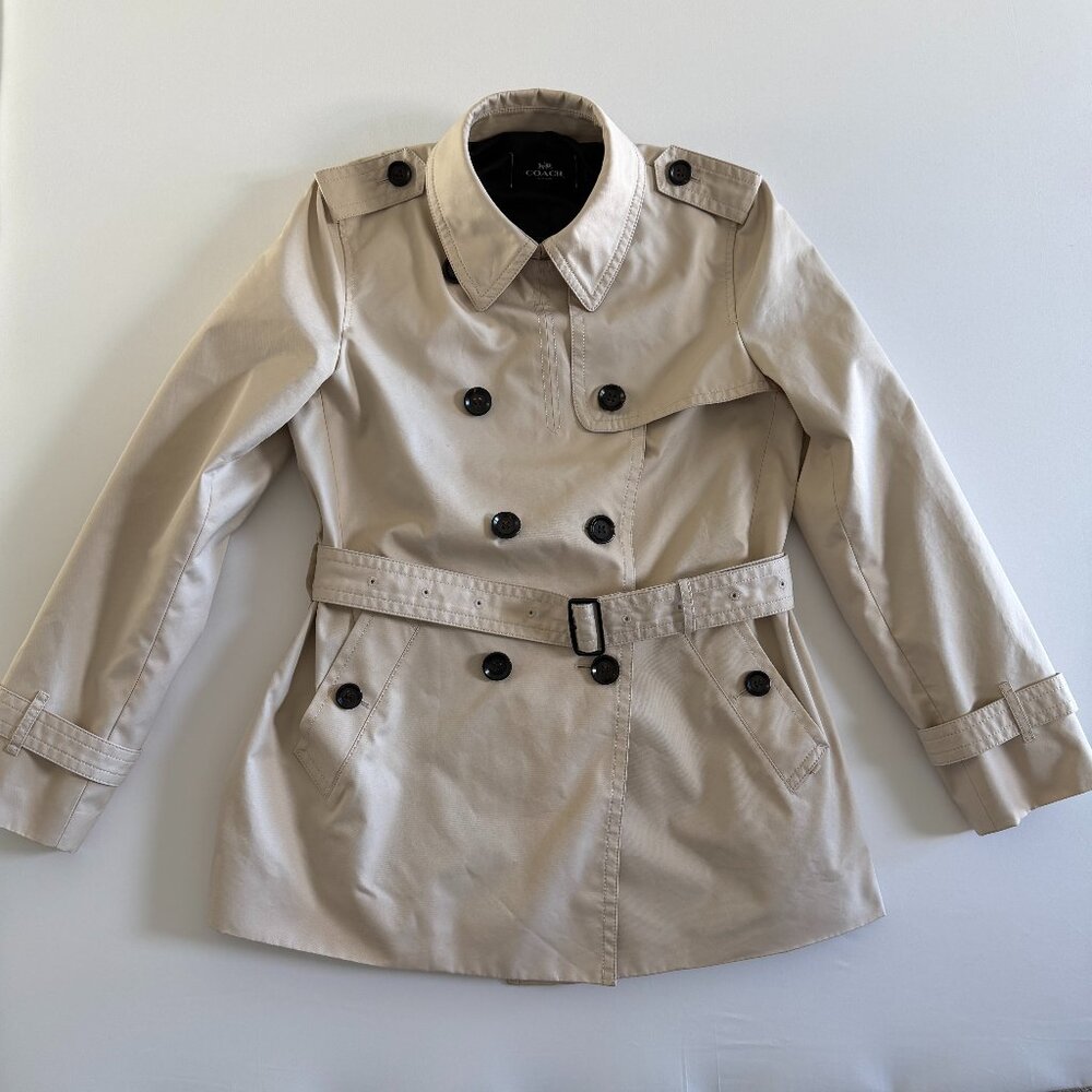 COACH Short Double Breasted Beige Belted Trench Coat Jacket Large - Picture 2 of 16